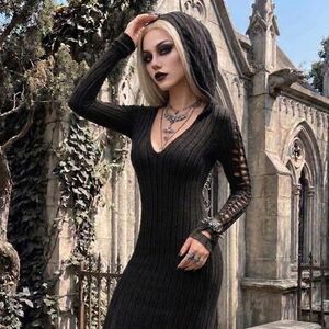 Forever 21 Black Hooded Ribbed Maxi Dress with Lace-Sleeve Detail